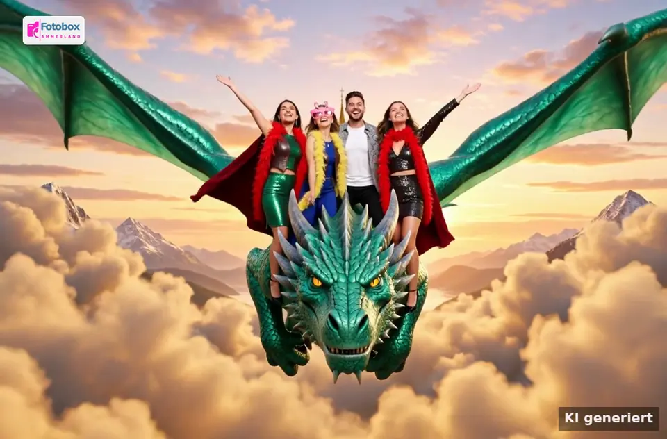 Der Drache fliegt mit den vier Personen über ein Wolkenmeer